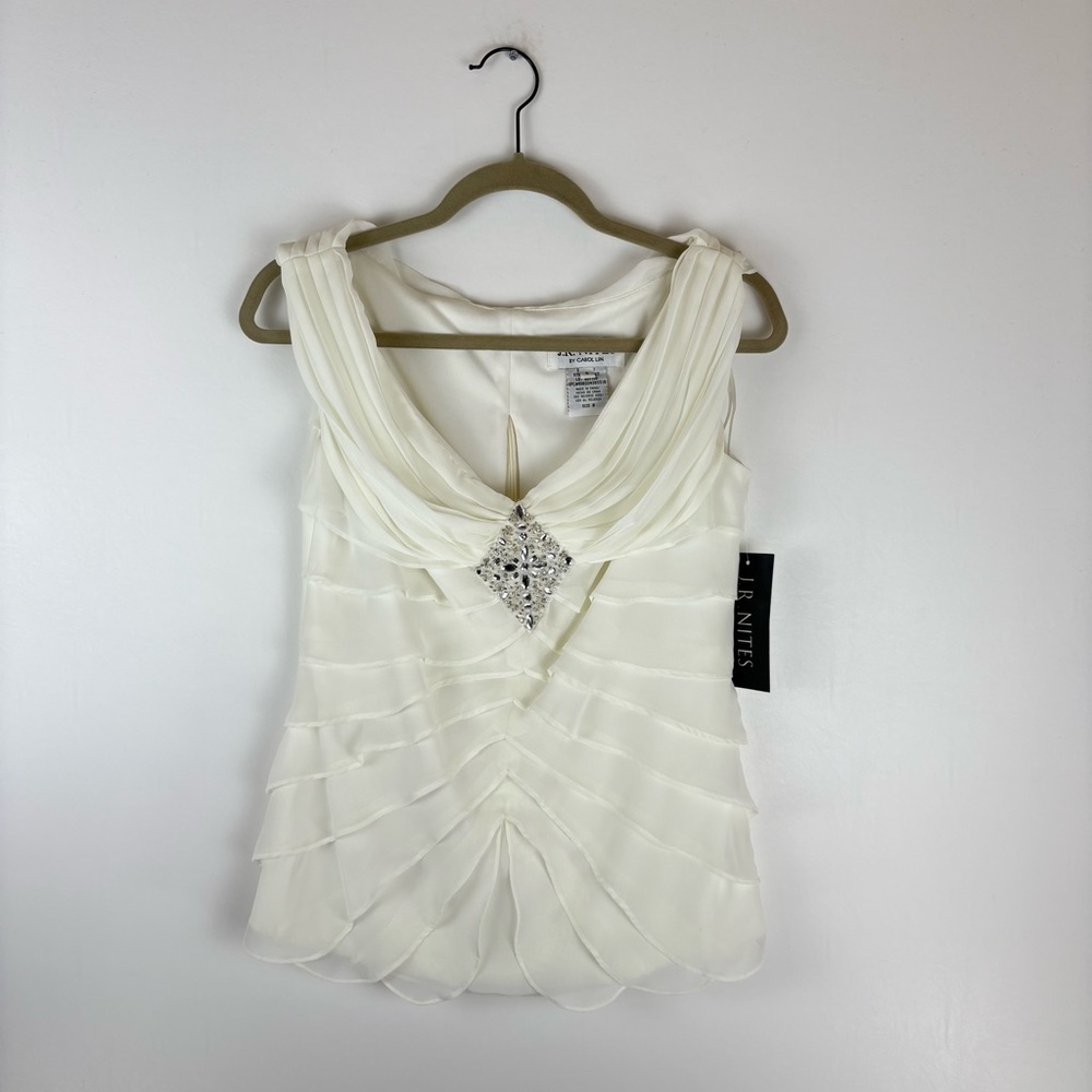 J.R. Nites by Carol Lin Women 8 Blouse Sleeveless Semi Formal Top Ivory Back Zip
